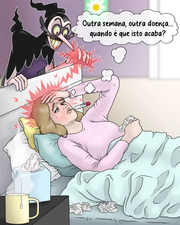 Um vilão atormenta uma mulher doente na cama, que se sente desesperada.