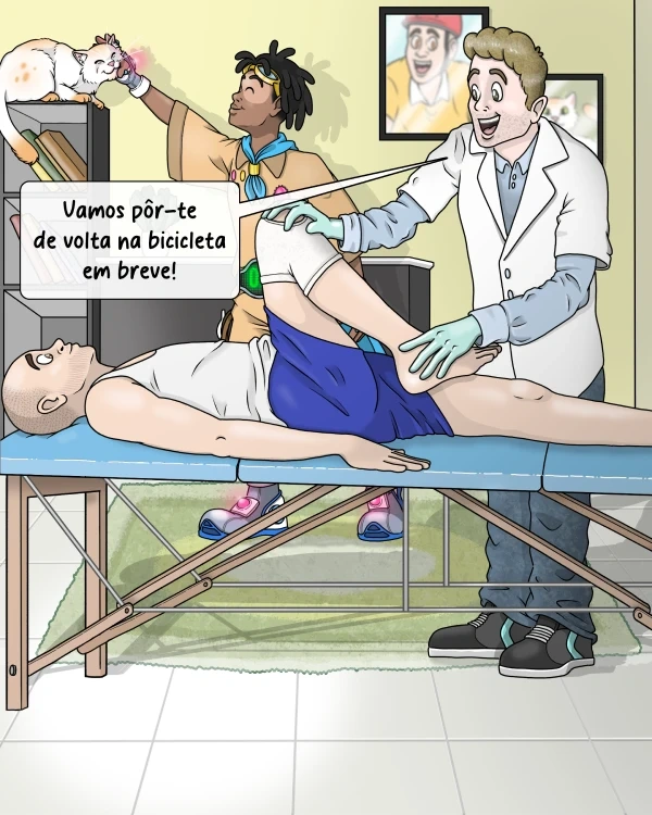 Médico a tratar joelho de ciclista, com o super-herói Volta e um gato ao seu lado.