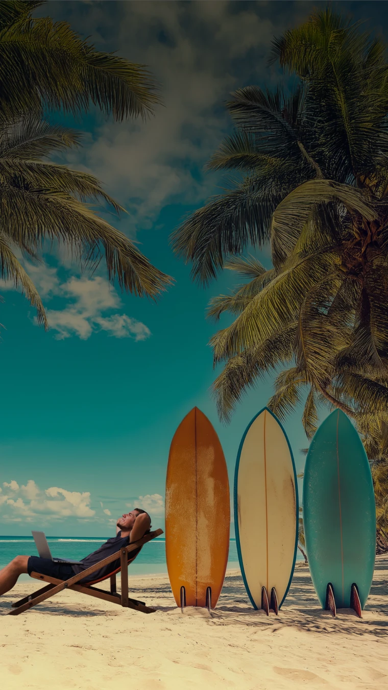 rapaz deitado em espreguicadeira, na praia, com três pranchas de surf ao lado