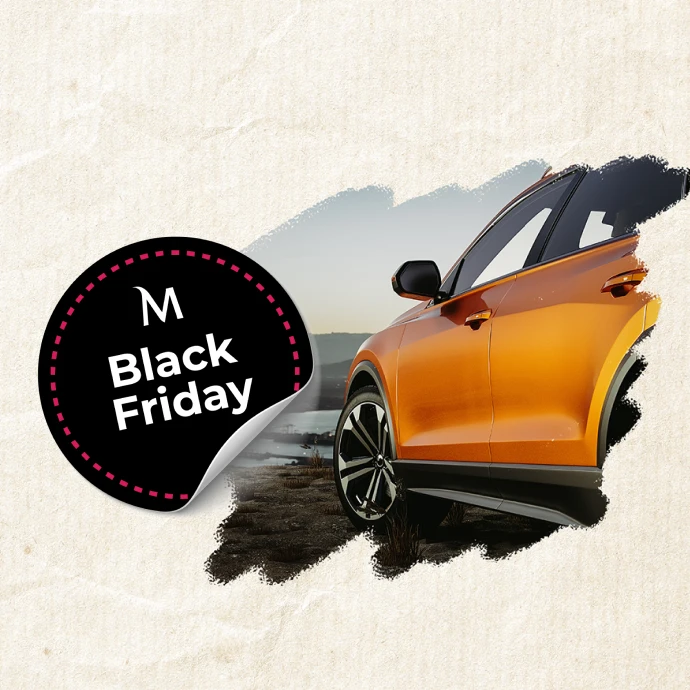 Anúncio Black Friday, com carro laranja, em fundo tipo papel