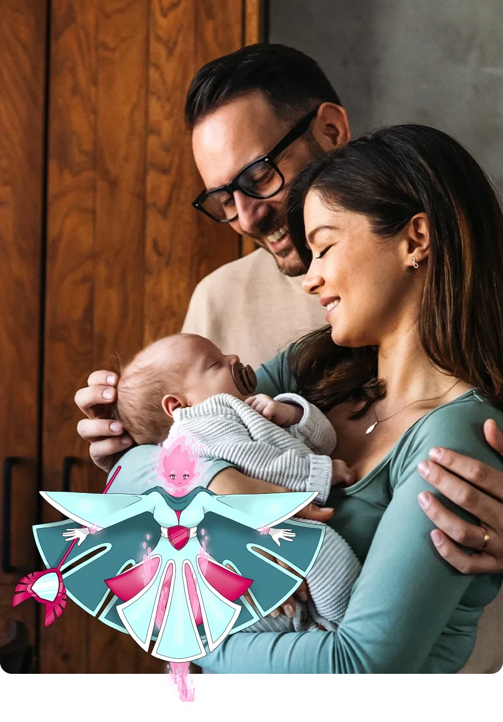 A super-heroína YOLO! a proteger um casal feliz com o seu bebé