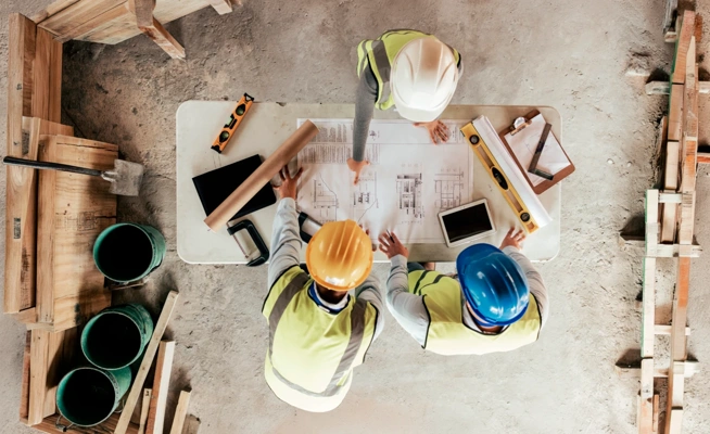 Três trabalhadores da construção a analisar plantas de uma obra, vistos de cima