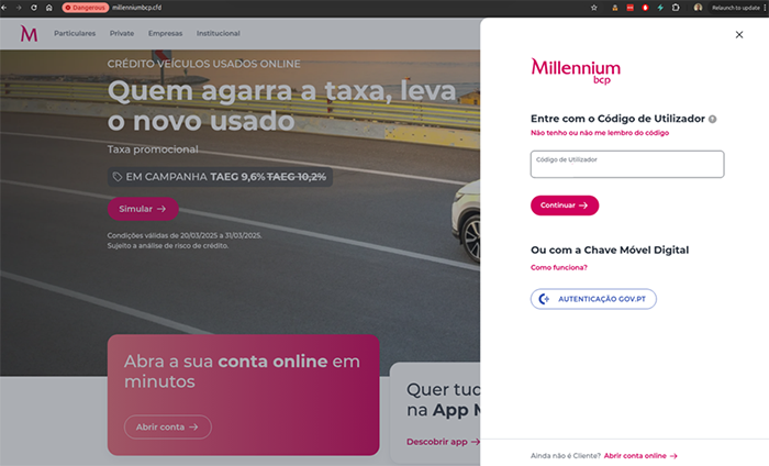 Exemplo de ecrâ fraudulento