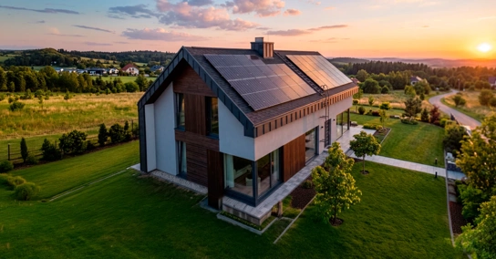 Moradia moderna com painéis solares no telhado num campo verde ao pôr do sol