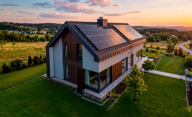Moradia moderna com painéis solares no telhado num campo verde ao pôr do sol