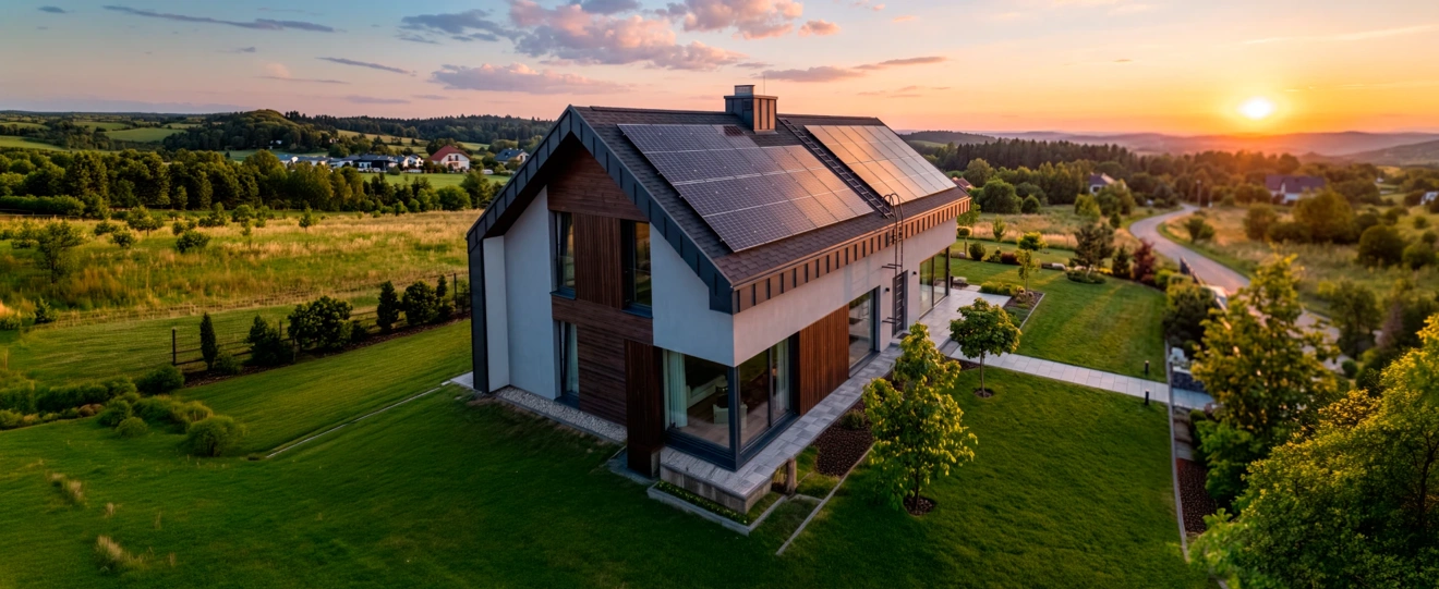 Moradia moderna com painéis solares no telhado num campo verde ao pôr do sol