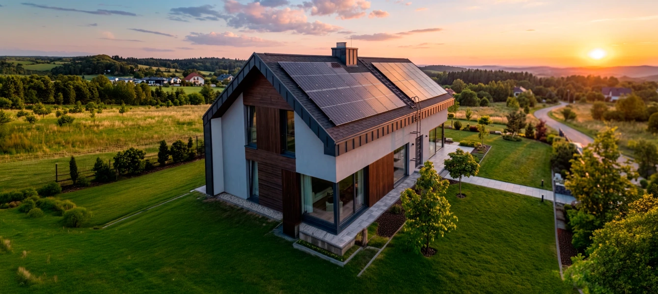 Moradia moderna com painéis solares no telhado num campo verde ao pôr do sol