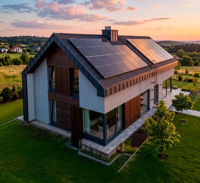 Moradia moderna com painéis solares no telhado num campo verde ao pôr do sol