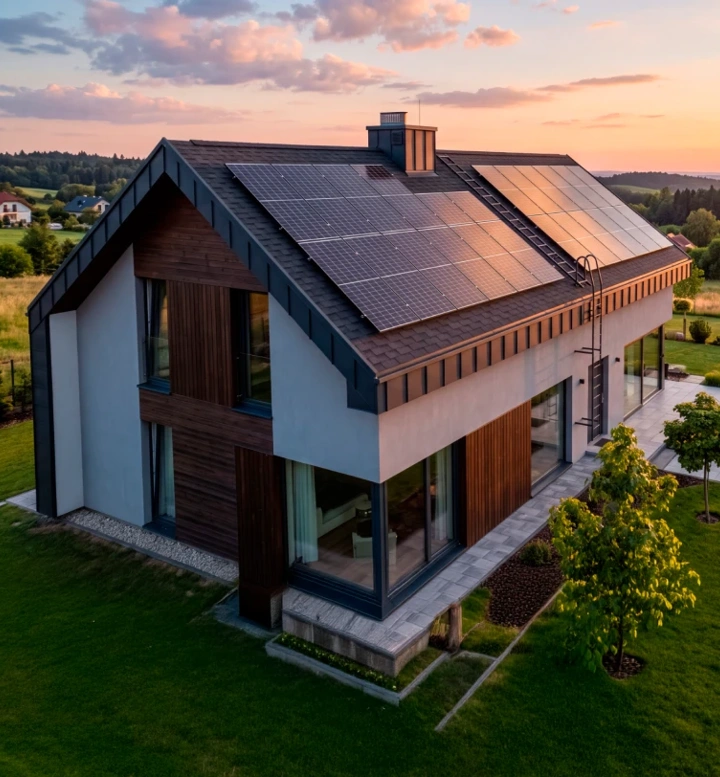 Moradia moderna com painéis solares no telhado num campo verde ao pôr do sol