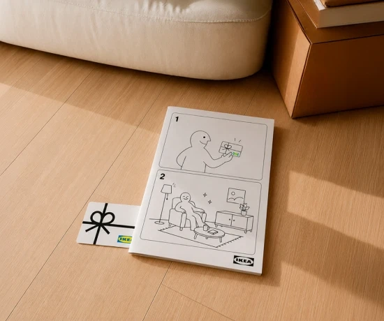 Manual de instruções e cartão-oferta IKEA pousados no chão de madeira