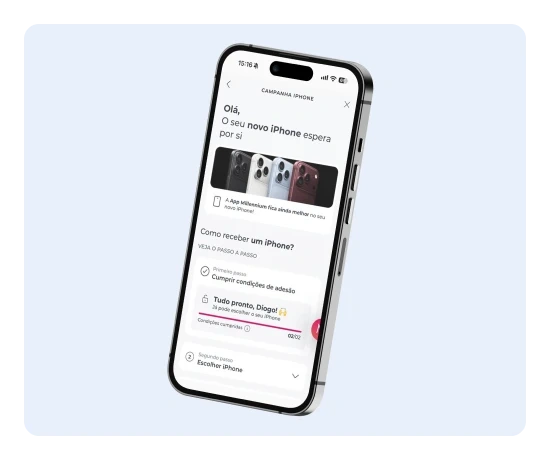 Ecrã da App Millennium com a campanha iPhone e os passos para receber o telemóvel