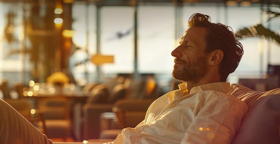 Homem relaxando em lounge de aeroporto ao pôr do sol com avião decolando ao fundo, luz quente