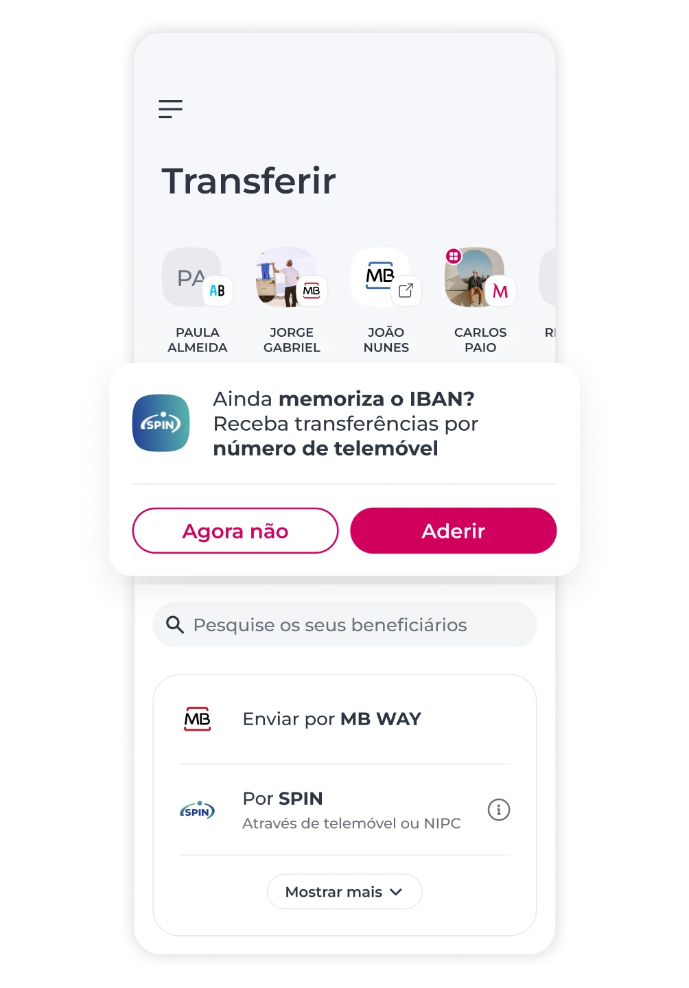 Ecrã da App Millennium na área Transferir com pop-up para aderir ao SPIN