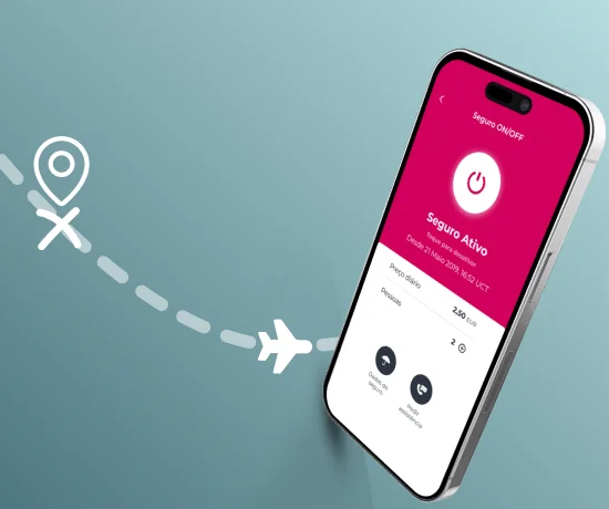 Ecrã de telemóvel a exibir o estado “Seguro Ativo” da funcionalidade Seguro ON/OFF, com opção de ativação e desativação rápida