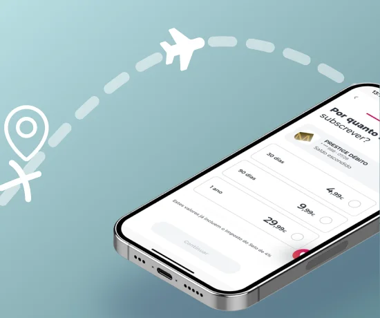 Ecrã de smartphone com plano de subscrição do cartão Gold Prestige, com opções de 30 dias, 90 dias e 1 ano, apresentado sobre um fundo com ícones de viagem