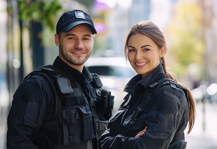 Homem e mulher, com fardas de segurança e braços cruzados, sorridentes