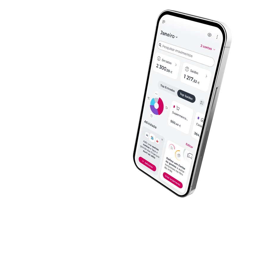 Ecrã inicial da área Gerir da App Millennium, apresentado num smartphone em perspetiva