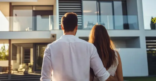 Casal de costas a observar uma casa moderna com grandes janelas
