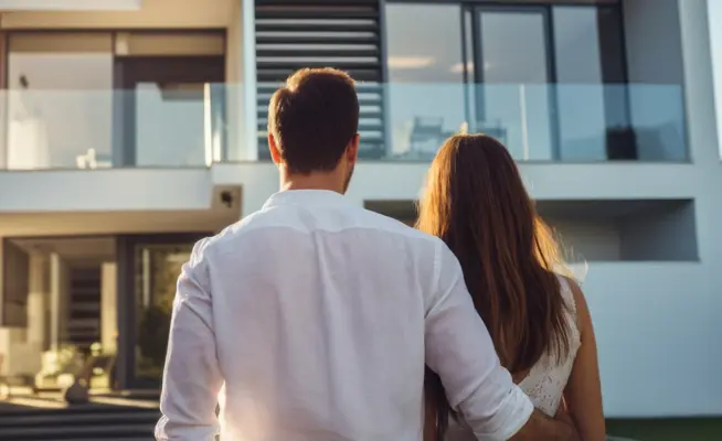 Casal de costas a observar uma casa moderna com grandes janelas