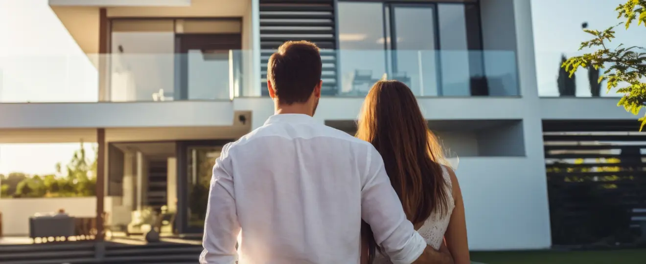 Casal de costas a observar uma casa moderna com grandes janelas