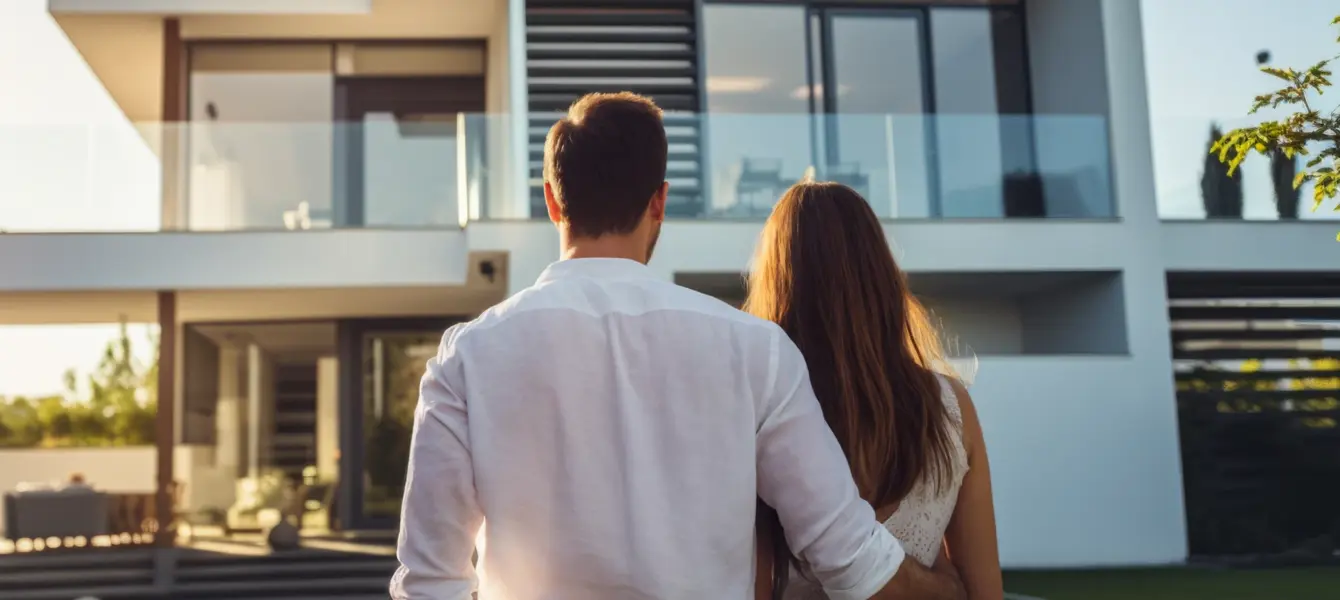 Casal de costas a observar uma casa moderna com grandes janelas