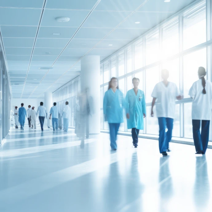 Pessoas a caminhar num corredor de hospital