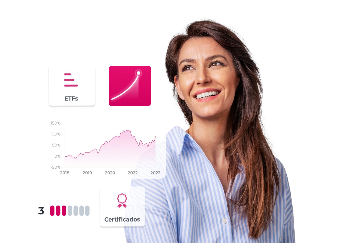 mulher sorridente, com ilustrações da área de investimentos da App Millennium