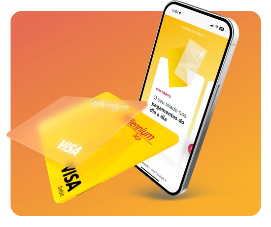 Telemóvel com ecrã da App Millennium para pedir cartão, um cartão de débito físico e um digital