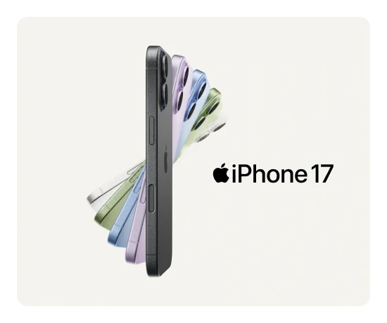 Vários modelos de iPhone 17 em diferentes cores dispostos em leque