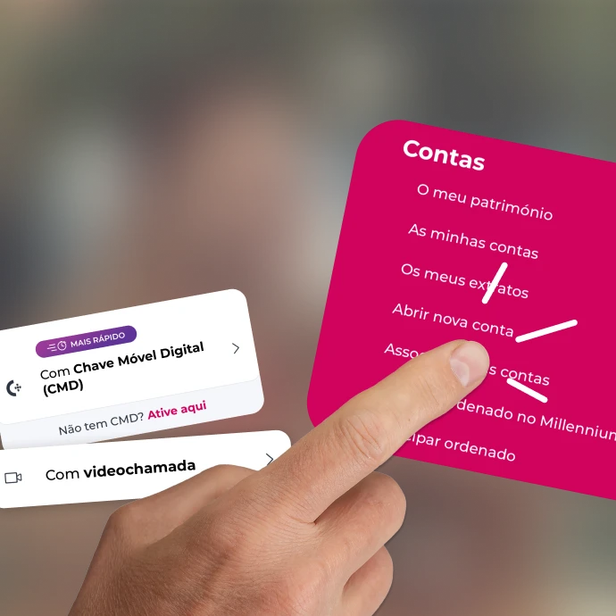 Dedo a clicar no link "Abrir nova conta" que se encontra num widget cerise "Contas"