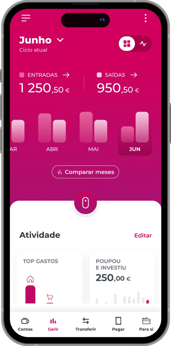 Telemóvel com ecrã da área Gerir na App Millennium