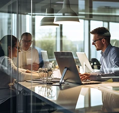 3 pessoas numa secretária, num escritório, a conversar