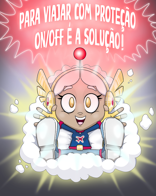 Super-herói ON/OFF a sorrir e o texto "Para viajar com proteção, ON/OFF é a solução!"