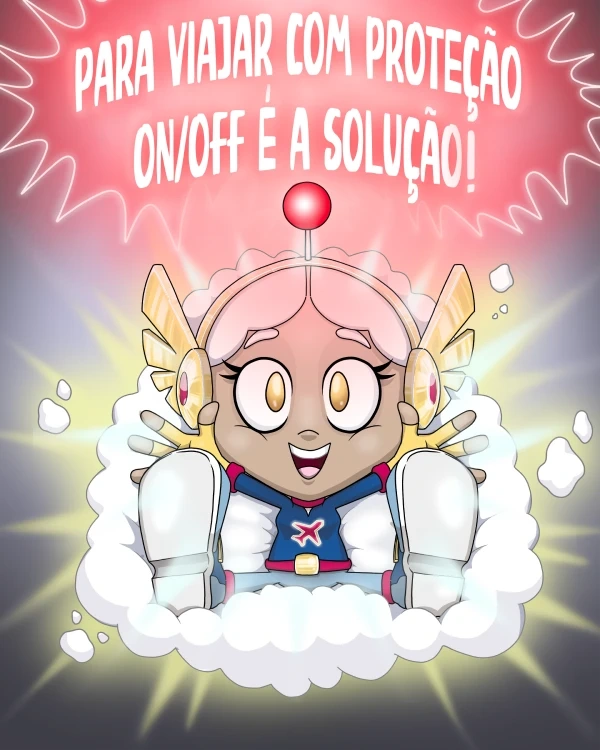 Super-herói ON/OFF a sorrir e o texto "Para viajar com proteção, ON/OFF é a solução!"