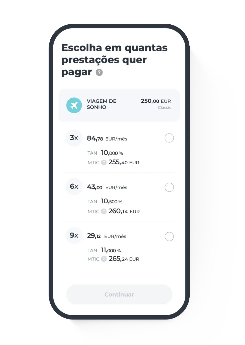 Ecrã de escolha de pagamentos fracionados