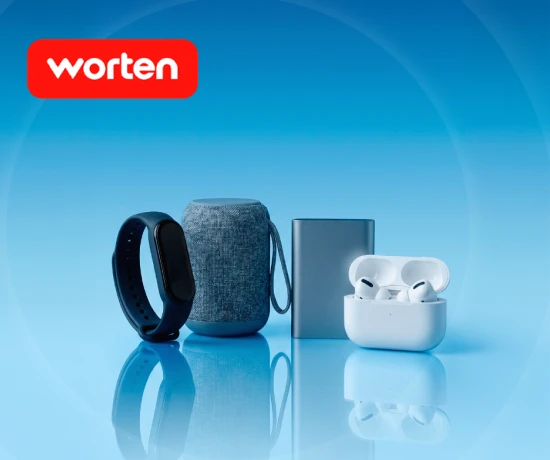 Coleção de gadgets tecnológicos modernos. Pulseira Inteligente, Coluna Inteligente. Power Bank e Auriculares True Wireless, num tom azul minimalista