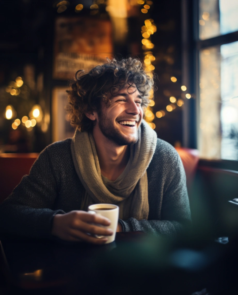 rapaz sorridente, num café, com chávena na mão