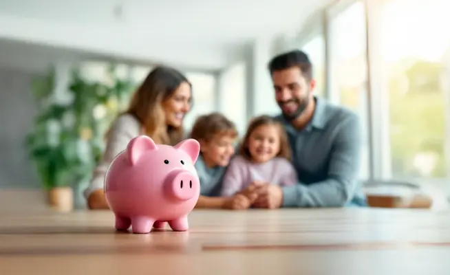 Mealheiro rosa em primeiro plano, família sorridente desfocada ao fundo
