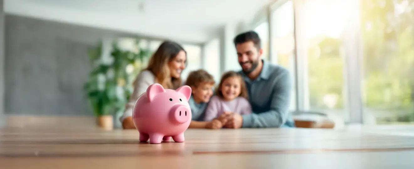 Mealheiro rosa em primeiro plano, família sorridente desfocada ao fundo