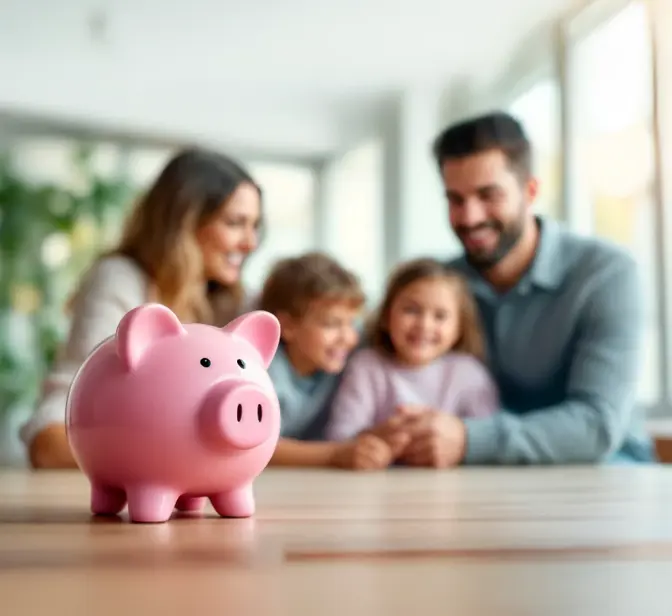 Mealheiro rosa em primeiro plano, família sorridente desfocada ao fundo