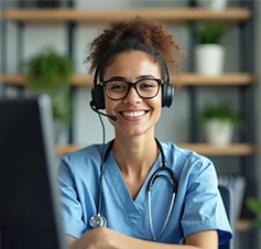 médica, com estetoscópio ao pescoço e headphones, em frente a computador