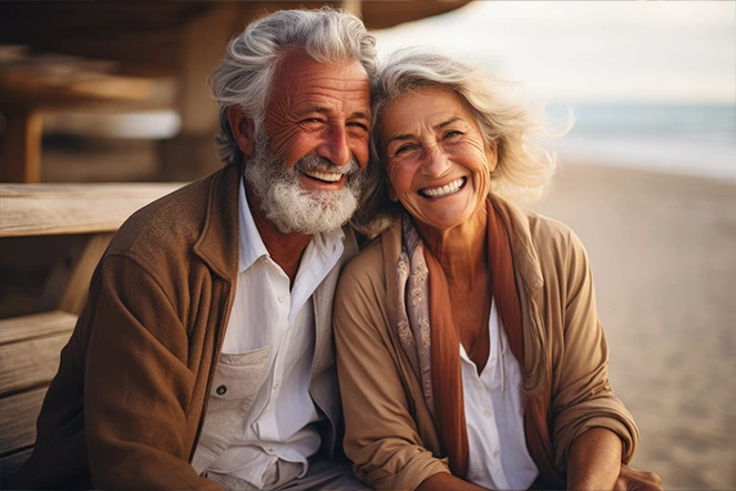 casal maduro, sorridentes, numa esplanada na praia