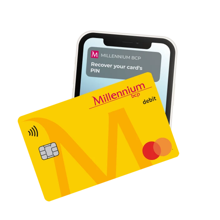 Mobile phone image with Millennium bcp notification "Recover your card's PIN" and debit card in front