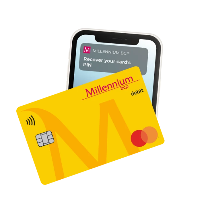 mobile phone displaying a Millennium bcp notification "Recover PIN for your card" with a debit card in front