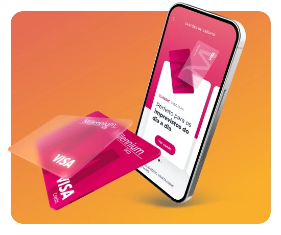 Telemóvel com ecrã da App Millennium para pedir cartão, um cartão de crédito físico e um digital