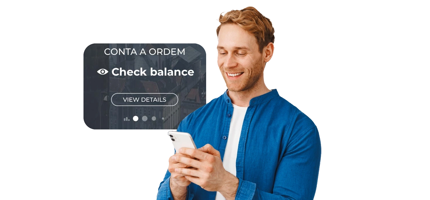 young man holding phone, and illustration of Millennium App with account balance invisible