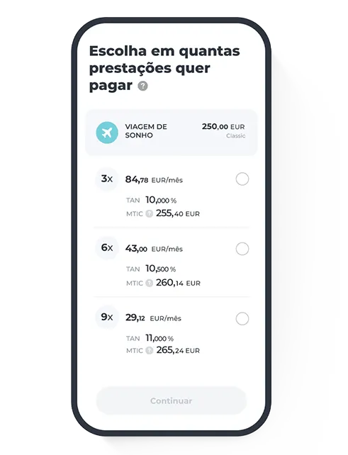 Ecrã de escolha de pagamentos fracionados