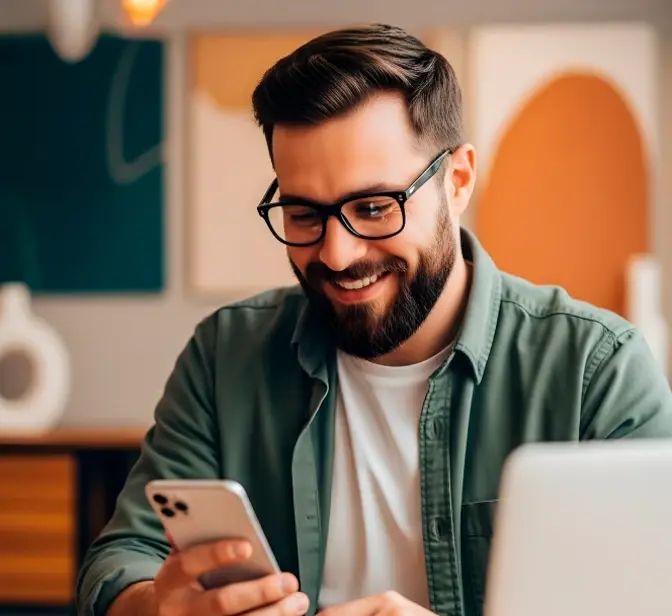 Homem de óculos sorridente a olhar para o telemóvel, com portátil