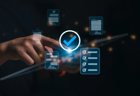 Finger touching a screen with a tick and digital document icons
