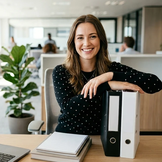 Smiling woman sitting at a desk in an office